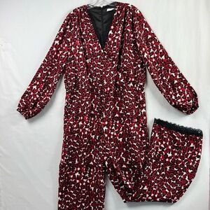 by Egreis Jumpsuit Womens Large Red Leopard V-Neck Faux Wrap Wide Leg Lace Trim